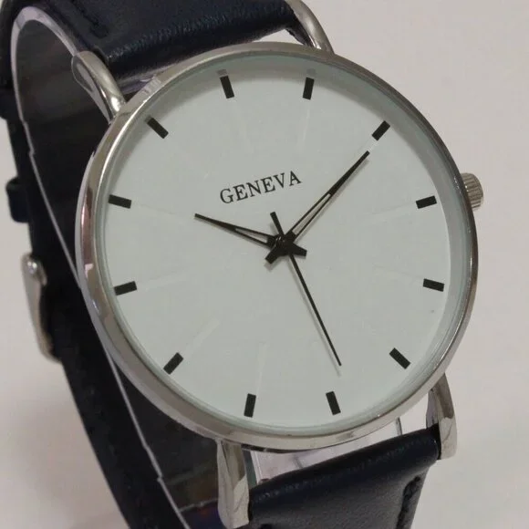 Men's Minimalist Fashion Watch Silver Case White Dial Navy Blue Strap 40mm - Picture 8 of 13